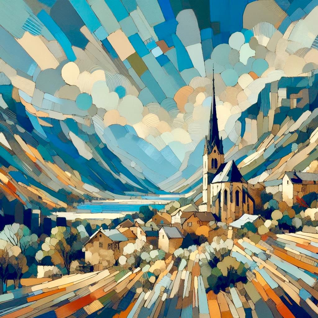 Abstract Art Depiction of a Church in the Mountains